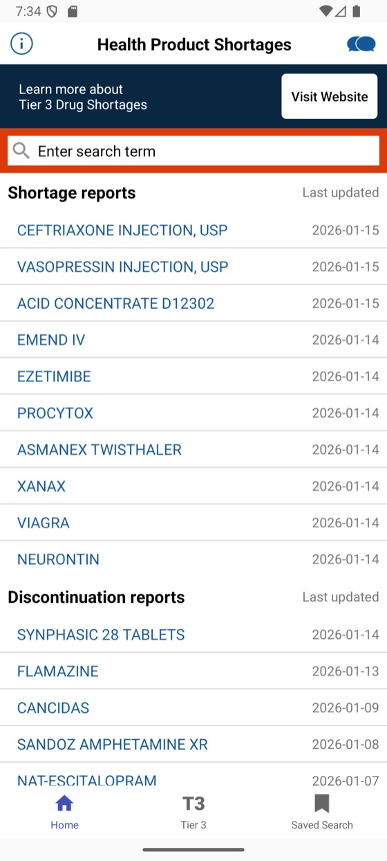 Android app home screen with a search field and shortage and discontinuation report lists