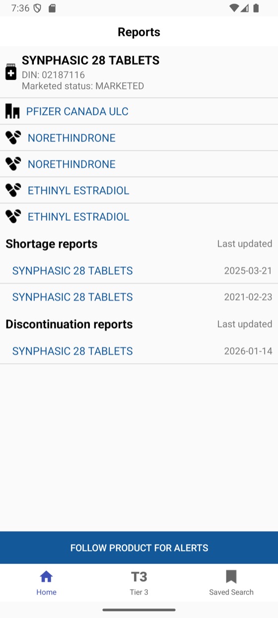 Android product report screen with a Follow product for alerts button