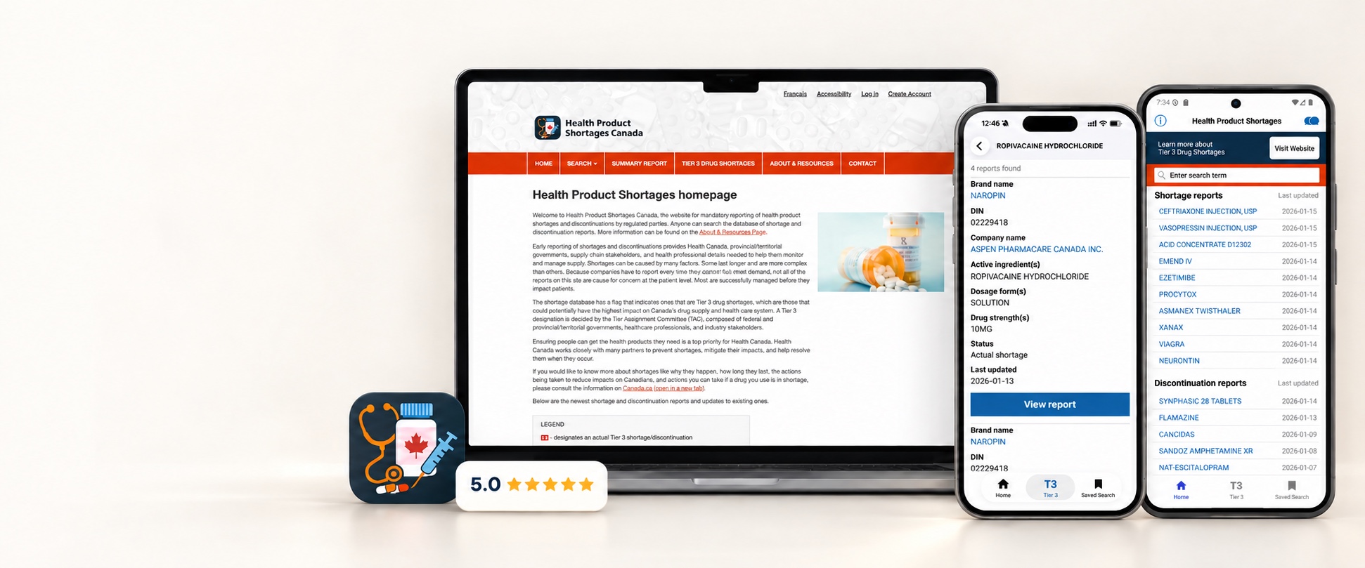 Illustrative product composition showing the Health Product Shortages Canada website, iOS app and Android app