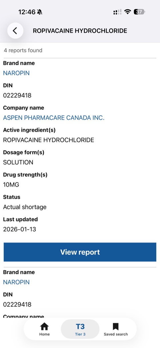 iOS app showing product information including ingredient, dosage, strength and shortage status